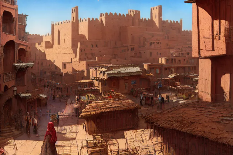 Image similar to in the middle of a adobe house kasbah town, mud and brick houses, merchant street, pueblo dense architecture, colorful crowd. Huge persian temple in a plaza, round roof. Scenic view at night, underexposed, clean horizon, matte painting by craig mullins and dan mumford, dark fantasy, style of game of thrones, concept art trending on artstation, 4k, insane details