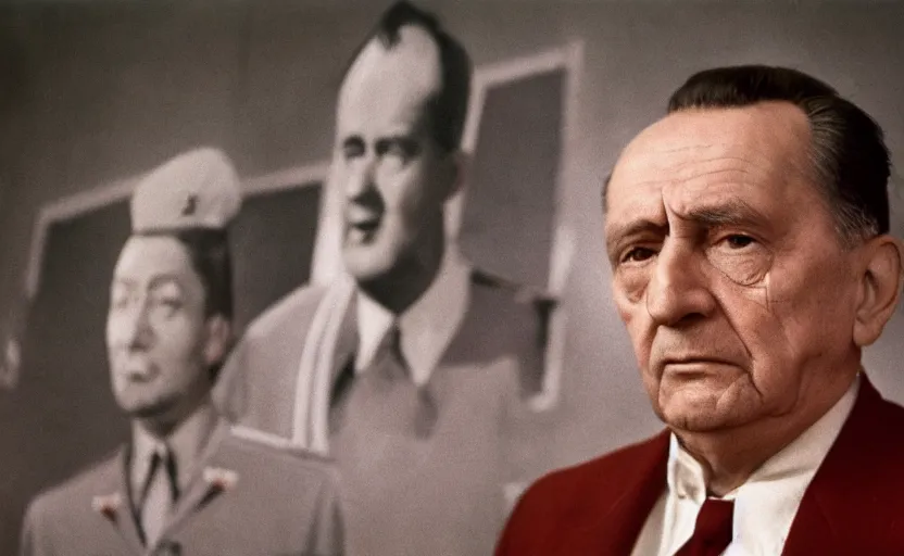 Image similar to 50s movie still close-up portrait of an elder soviet general standing in an sovietic museum, by David Bailey, Cinestill 800t 50mm eastmancolor, heavy grainy picture, very detailed, high quality, 4k, HD criterion, precise texture and facial expression