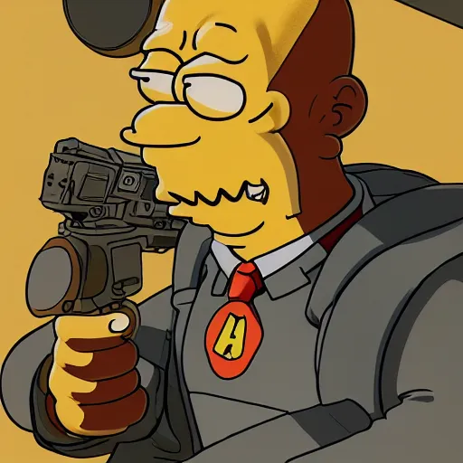 Image similar to highly detailed portrait of a Homer Simpson HeadHunterz ((HeadHunterz)) by Akihiko Yoshida, Greg Tocchini, Greg Rutkowski, Cliff Chiang, 4k resolution, persona 5 inspired, hardstyle music inspiration