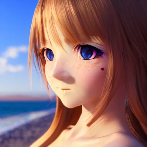 Image similar to Render of a very beautiful 3d anime girl, long hair, hazel eyes, cute freckles, full round face, short smile, cute sundress, golden hour, serene beach setting, medium shot, mid-shot, highly detailed, trending on Artstation, Unreal Engine 4k