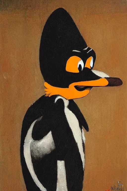 Image similar to a closer personal portrait of daffy duck with very piercing eyes, very charismatic. in the old ancient luxor temple. masterpiece, dark. painted by norman rockwell and james gurney