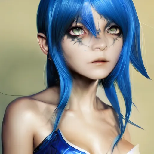 Image similar to portrait of hybrid dragon young girl, dragon skin, dragon ears, blue hair, long hair, highly detailed 3D render, 8k, rpg concept art character, jrpg character, manga, anime, video game character, concept art, by Yoshitaka Amano