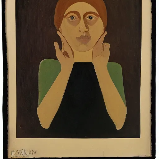 Prompt: A beautiful print. She looks up at me, up and down. She has short-cropped hair, and a scar on her left cheekbone: just a line of black against her deep tan, precise and geometrical. Her eyes are pale green. by Paula Modersohn-Becker swirling, composed