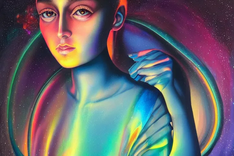 Image similar to patron saint of 🛸🌈👩🏾, futuristic iridescent clothing, wormhole, nebula, black hole, multiverse, neon god of city character portrait, in the style of margaret keane, moebius, tom bagshaw, and waterhouse, cinematic lighting, beautiful, elegant, oil painting,