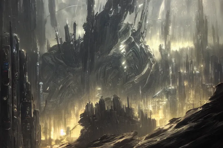 Image similar to a vast planetary sci-fi city, In style of Bekisnski, Tsutomu Nihei, Dark Fantasy, warhammer 40.000, oil on canvas, artstation, dramatic scenery, masterpiece, aesthetic