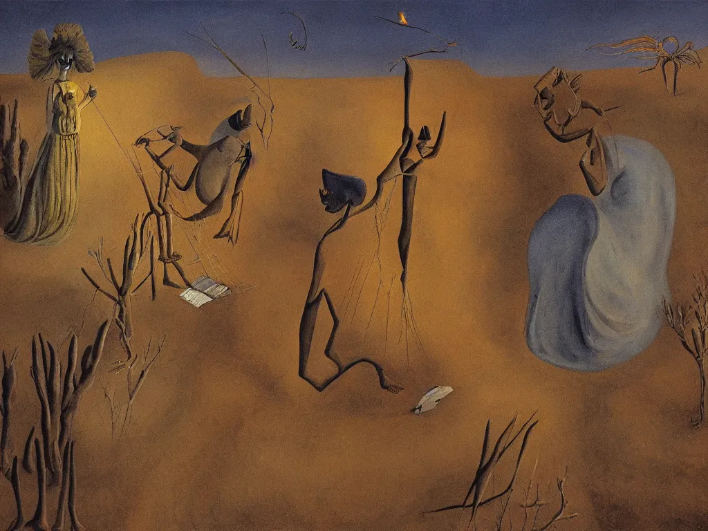 Image similar to scene with figure in the desert. painting by remedios varo