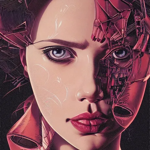 Image similar to portrait of beautiful crying cyborg scarlett johansson, big ribbon, symmetrical, by yoichi hatakenaka, masamune shirow, josan gonzales and dan mumford, ayami kojima, takato yamamoto, barclay shaw, karol bak, yukito kishiro, hajime soriyama