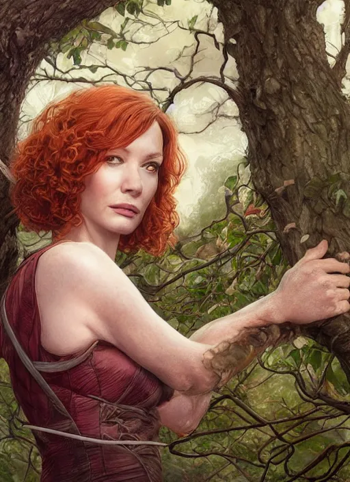 Prompt: tired Christina Hendricks taking a rest under a tree after an long adventure a ruggedly muscled handsome heroine, intricate, elegant, highly detailed, centered, digital painting, artstation, concept art, smooth, sharp focus, illustration, artgerm, donato giancola, Joseph Christian Leyendecker, WLOP, Artgerm, thunder storm