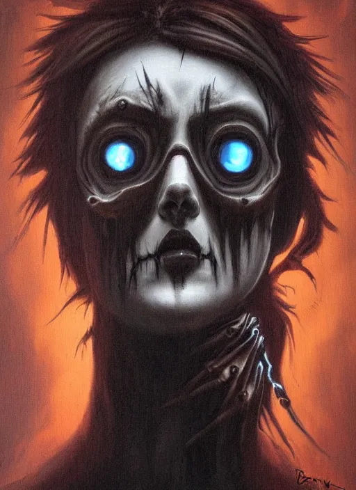 Image similar to dark portrait painting of tracer from overwatch, in style of zdzisław beksinski, scary, horror, overwatch tracer character, look of disgust, detailed face, dressed in dark garment, black tendrils, tall,