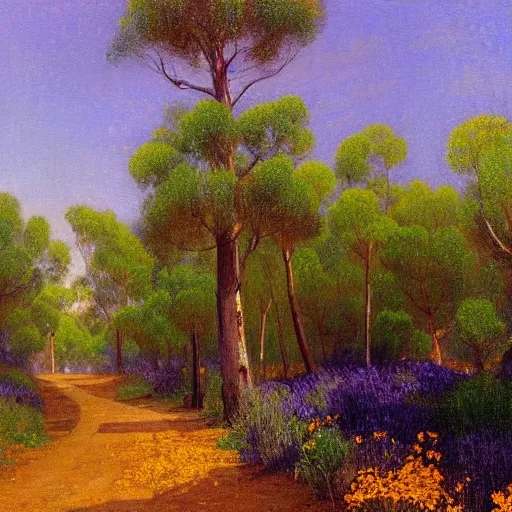 Prompt: a painting of a dirt road surrounded by eucalyptus trees and california golden poppies, violet woodland hill in the distance, violet sunset. an oil painting by Julian Onderdonk, green orange violet triadic color palette, featured on deviantart, australian tonalism, pre-raphaelite, impressionism, detailed painting