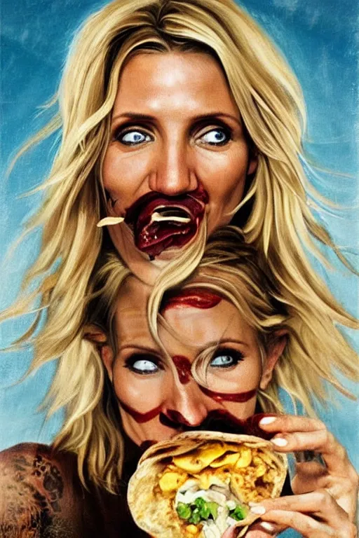 Prompt: portrait of cameron diaz eating a burrito in a post apocalyptic place, hyperealistic by dali