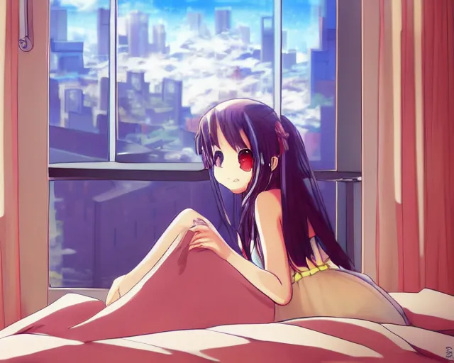 Prompt: An anime girl lying in bed, looking out the window at the cityscape, trending pixiv anime art