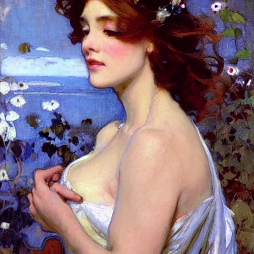 Image similar to photo of a beautiful woman by gil elvgen, greg manchess, mucha, sorrolla, john singer sargent, william waterhouse