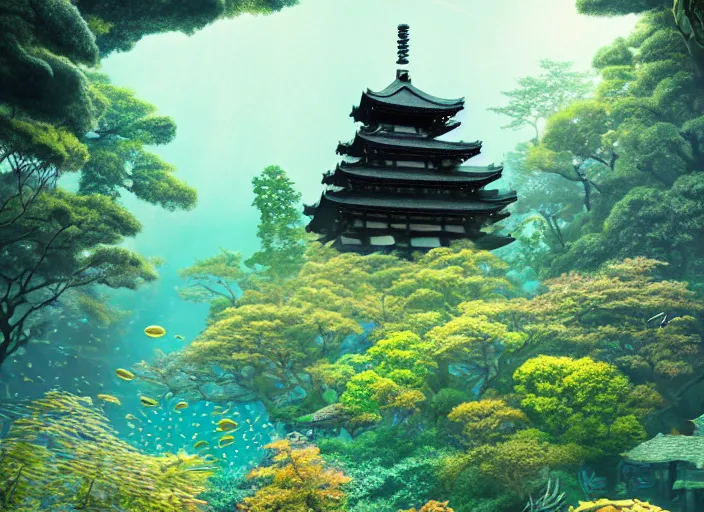 Prompt: overgrown foliage overtaking massive japanese temples, underwater environment, borealis, scenery, professional, award - winning, trending on artstation, hyper detailed, realistic, beautiful, emotional, shiny, golden, picture