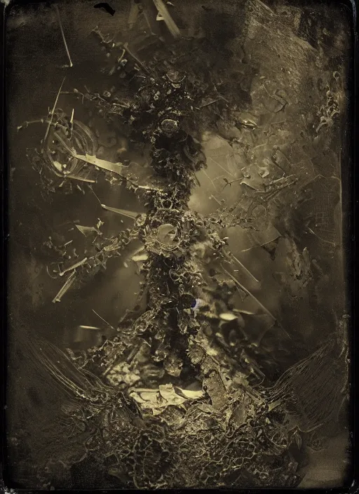 Image similar to old wetplate daguerreotype grafted demons, explosion of data fragments, fractal, intricate, elegant, highly detailed, parallax, leica, medium format, subsurface scattering, by jheronimus bosch and greg rutkowski and louis jacques mande daguerre