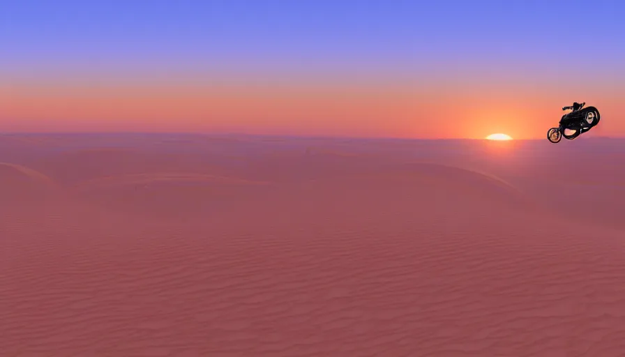 Prompt: a scene of a hovercycle cruising across a desert horizon at sunset, illustrated by moebius, 4k,