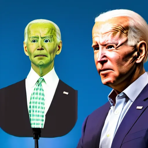 Image similar to photograph of an alien wearing a wig and a dress and (((Joe Biden))) at a press conference, highly detailed, 4K