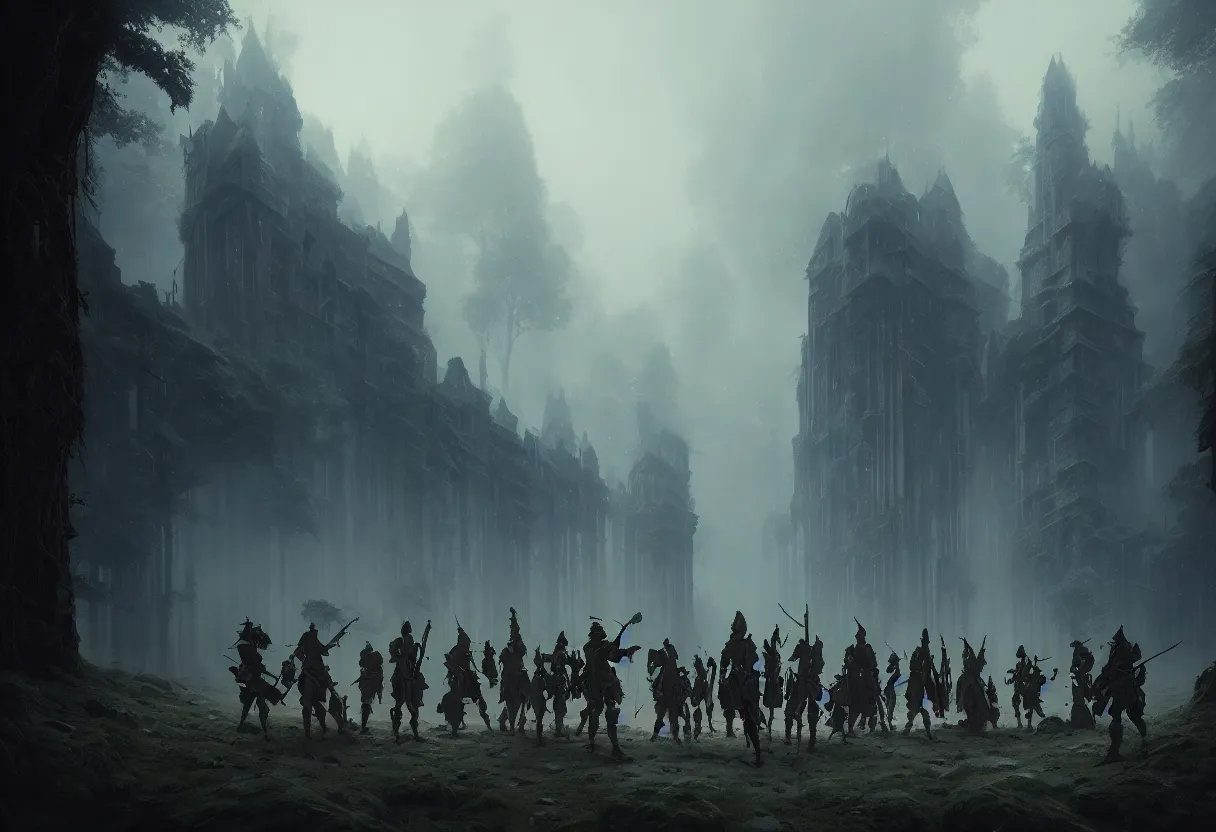 Image similar to beautiful render of a fairytale, small group of mercenaries, ultra high definition, ultra detailed, symmetry, fog, matte painting, by greg rutkowski and ross tran and wlop