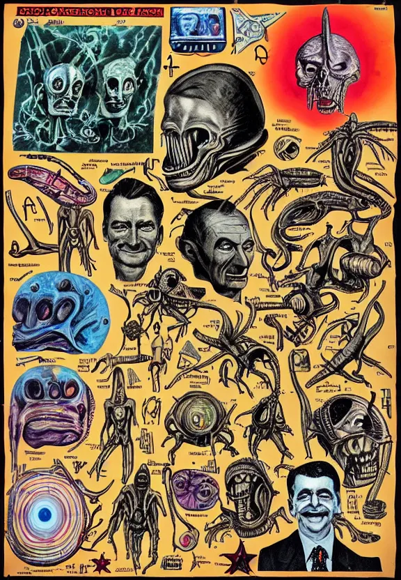 Image similar to subgenius, x - day, aliens, weird stuff, occult stuff, devil stuff, medical diagram, colorful, vintage, stained paper, hyperrealism, stage lighting