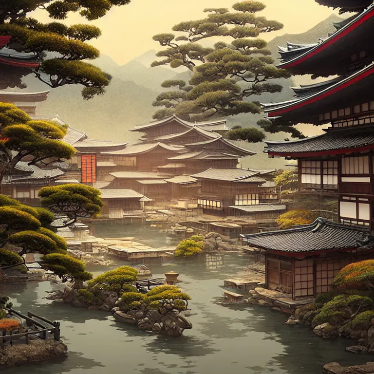 Image similar to old japanese town with garden viewed from harbor, d & d digital painting, ultra realistic, beautiful, volumetric lighting, warm colors advance, cell shading, by james jean, greg rutkowski,