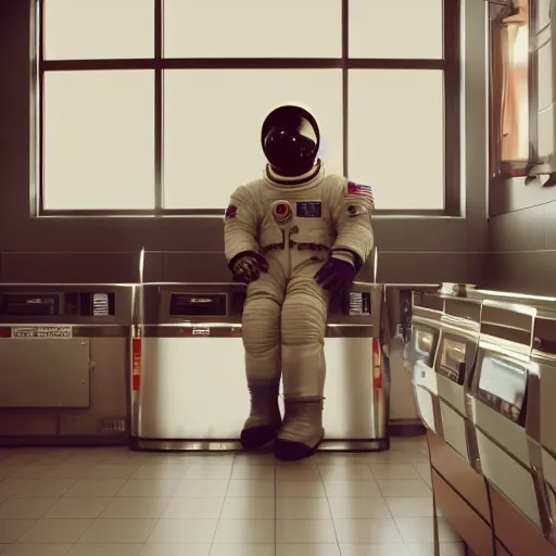 Image similar to a beautiful photo of an astronaut waiting in a laundromat, 1970', soft light, morning light, photorealistic, realistic, octane, 8k, cinematic shot