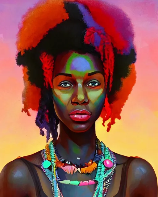 Prompt: colorful character portrait of a black female hippie 1 9 6 0 s vibe, set in the future 2 1 5 0 | highly detailed face | very intricate | symmetrical | cinematic lighting | award - winning | painted by mandy jurgens | pan futurism, dystopian, bold colors, cyberpunk, groovy vibe, anime aesthestic | featured on artstation