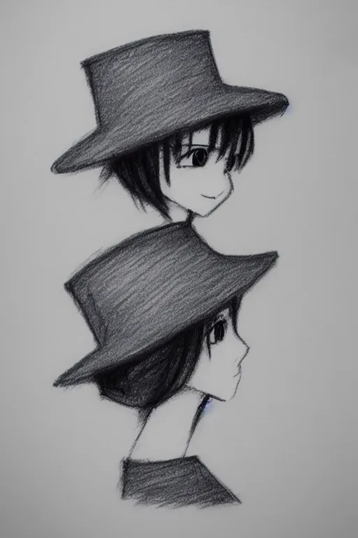 Image similar to cute loli in a tall grey top hat, face profile, pencil sketch, gray scale, anime style