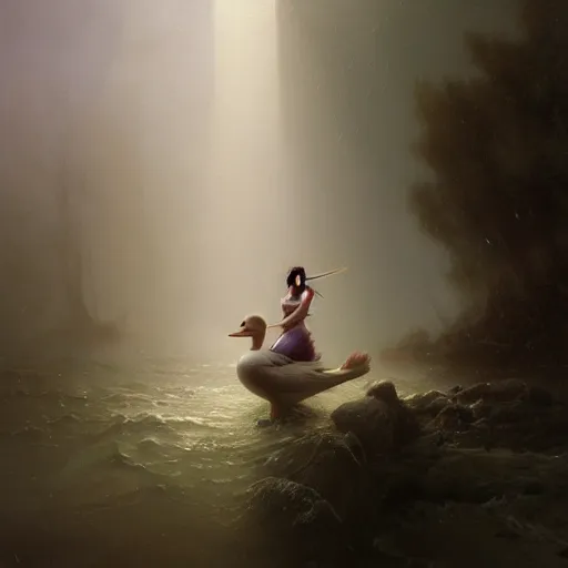 Image similar to epic portrait an woman licking a duck, wet flowing hair, sweaty skin, broad light, ambient occlusion, volumetric light effect, made by ivan aivazovsky, peter mohrbacher, greg rutkowski, hyperrealistic, hyperdetailed, matte painting, trending on artstation, 8 k, perfectly defined features, digital painting,