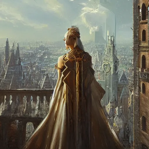 Image similar to a wizened queen looks down on her city from the palace balcony, fantasy art by greg rutkowski