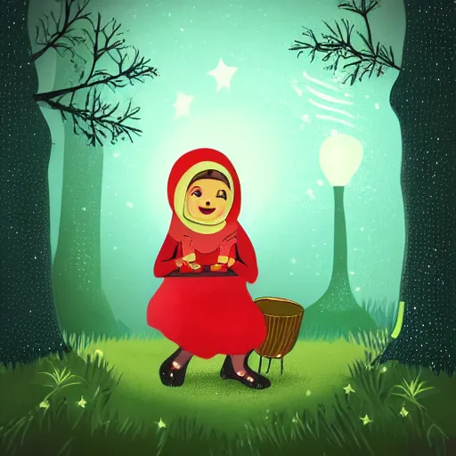 Image similar to a babushka playing drums and in a forest with stars in the sky over her head