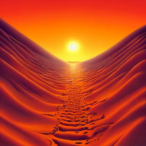 Prompt: a surreal painting of a desert sunset by Vladimir Kush, digital art