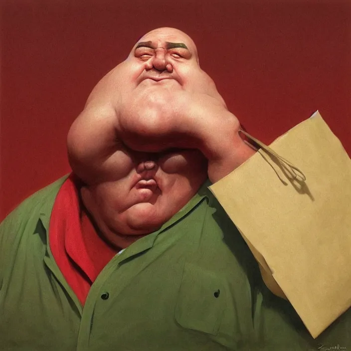 Prompt: melting old fat man portrait with a white paper bag over the head, dressed in red paper bags, holding stack of green paper bags, highly detailed, artstation, art by edward hopper, zdislav beksinski, wayne barlowe, edward hopper