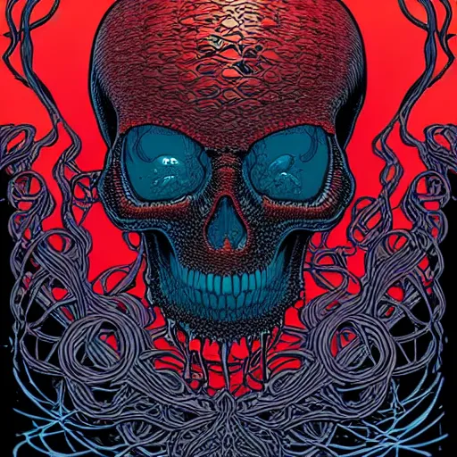 Image similar to a glowing red skull in the sea enveloped by jellyfish tendrils and black seaweed by josan gonzalez and dan mumford and laurie greasley and harry clarke, highly detailed, high contrast