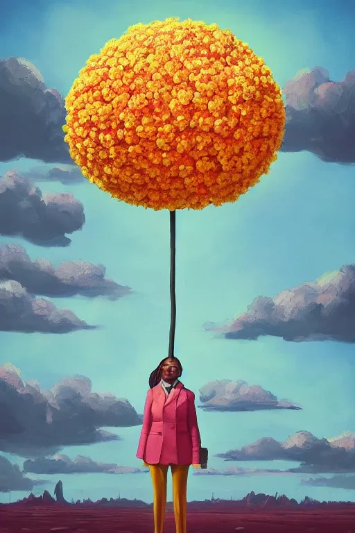 Image similar to portrait, giant flower as head, black woman in suit, surreal photography, golden hour, colorful clouds, impressionist painting, digital painting, artstation, simon stalenhag