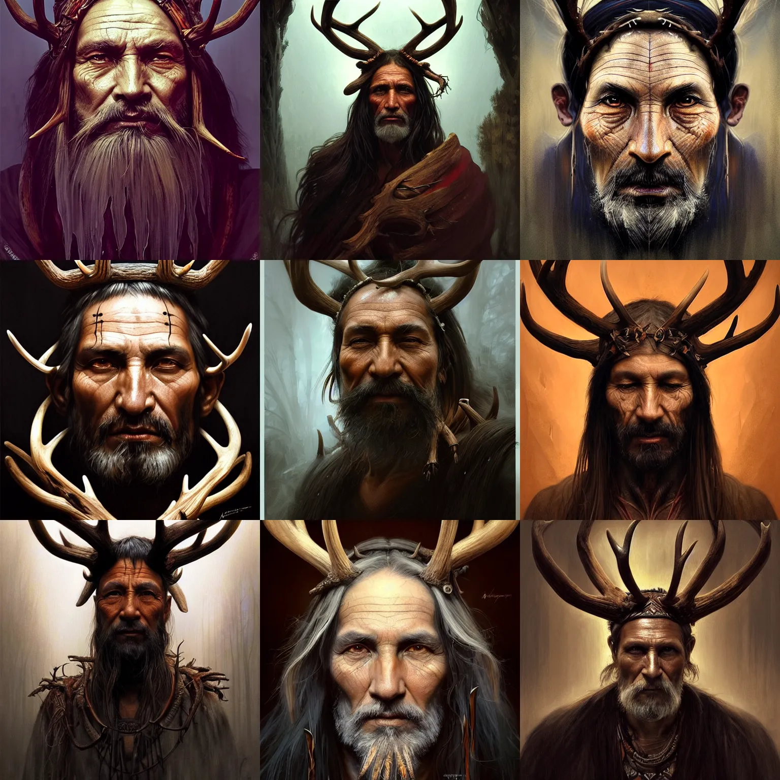 Prompt: beautiful digital painting of an old shaman with antlers made of wood on his head, dark hair with black coal,fantasy, intricate, beautiful eyes, cinematic lighting, highly detailed, digital painting, Artstation, concept art, smooth, sharp focus, illustration, art by Artgerm and Greg Rutkowski, Alphonse Mucha and Rossdraws