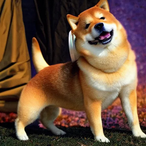 Prompt: photo of a shiba inu leading an occult ritual