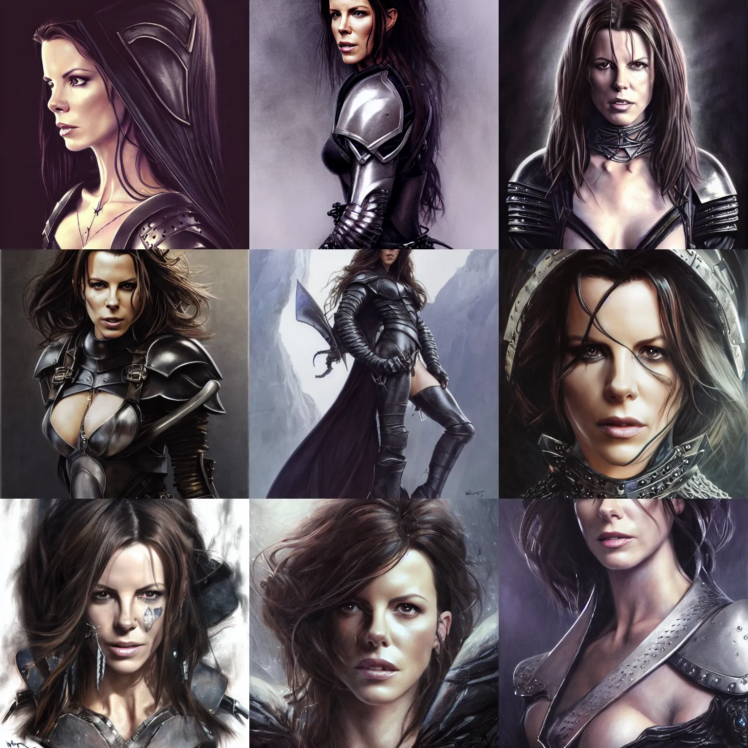 Prompt: portrait, kate beckinsale, dark wizard, leather armor, silver sword, high heel boots, lord of the rings, tattoos, black jewelry, perfect face, detailed, concerned, digital painting, by ruan jia and mandy jurgens and artgerm and wayne barlowe and greg rutkowski and frank frazetta