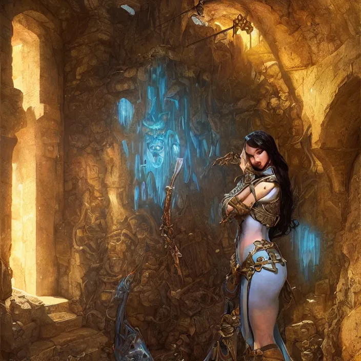 Prompt: megan fox in a digital painting of a medieval fantasy dungeon room by justin gerard, paul bonner, highly detailed, pale blue backlight, digital art, artstation hd by artgerm, greg rutkowski, alphonse mucha