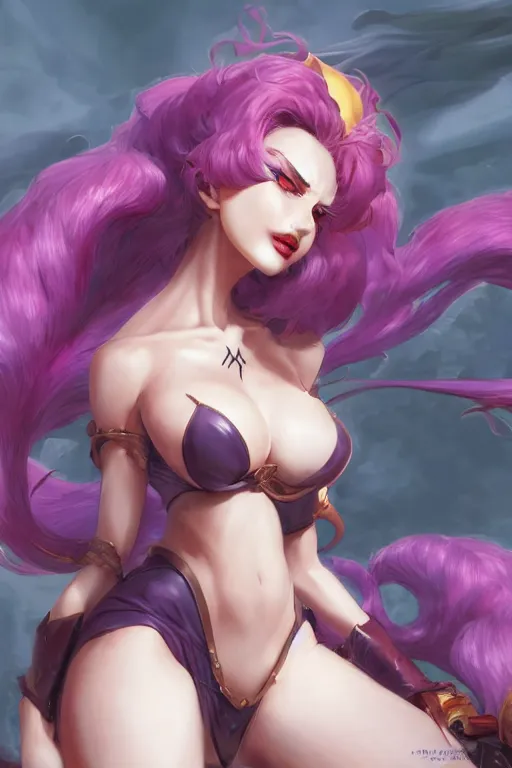 Image similar to Morgana from Darkstalkers in a spinoff in blade and soul artbook on a render by the artist Hyung tae Kim, Jiyun Chae, Joe Madureira, trending on Artstation by Hyung tae Kim, artbook, Stanley Artgerm Lau, WLOP, Rossdraws , James Gurney