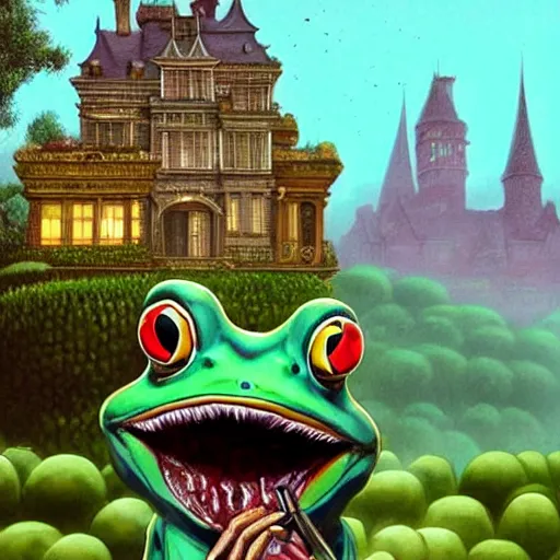 Image similar to A portrait of a scary godlike anthropomorphic frog smoking a cigarette , mansion made of mushrooms in background . award winning. superb resolution. in the art style of junji Ito and greg rutkowski . Detailed Mushroom city in background. Hyper realistic anime. Perfect art. Dalle2