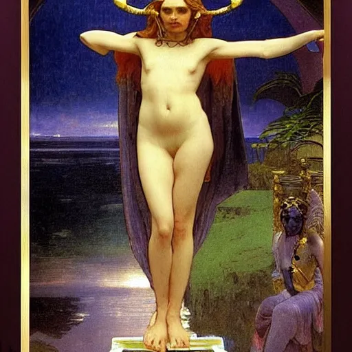 Image similar to Demon Girl at the palace, refracted sparkles, thunderstorm, greek pool, beach and Tropical vegetation on the background major arcana sky, by paul delaroche, alphonse mucha and arnold böcklin, hyperrealistic 8k, award-winning, very very very detailed