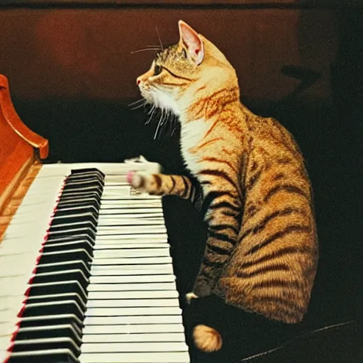 Prompt: a cat playing piano in a bar, at night