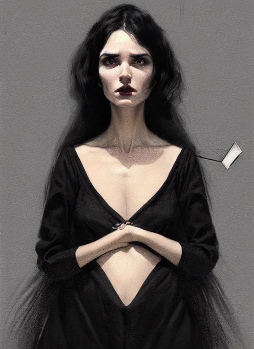 Image similar to portrait of a woman with a crooked nose and a confident expression, 1 9 6 0 s, long hair, black clothes, goth, intricate, elegant, highly detailed, digital painting, artstation, concept art, smooth, sharp focus, illustration, art by wlop, mars ravelo and greg rutkowski