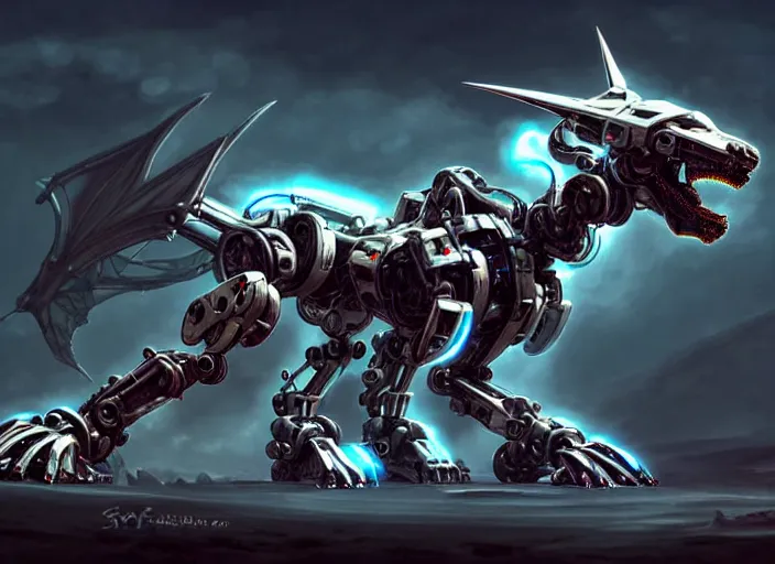 Image similar to hyper realistic, epic, highly detailed cinematic fukll, shot of a gigantic feral robot mecha canine, sharp dragon claws, detailed glowing head, metal ears, cannon mounted on back, sleek armor, glowing visor, detailed sharp claws, digital art, furry art, macro art, dragon art, furaffinity, deviantart, sofurry