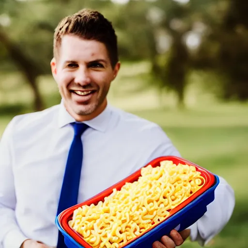 Image similar to a man smiling brings a tupperware of macaroni to a wedding