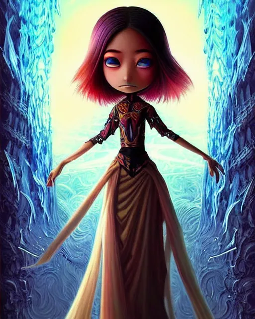 Image similar to an epic fantasy comic book style painting of a young malaysian woman, flying ice magician, lace, expressive, cold palette, dark piercing eyes, tan skin, beautiful futuristic hair style, awesome pose, character design by mark ryden pixar hayao miyazaki, ue 5