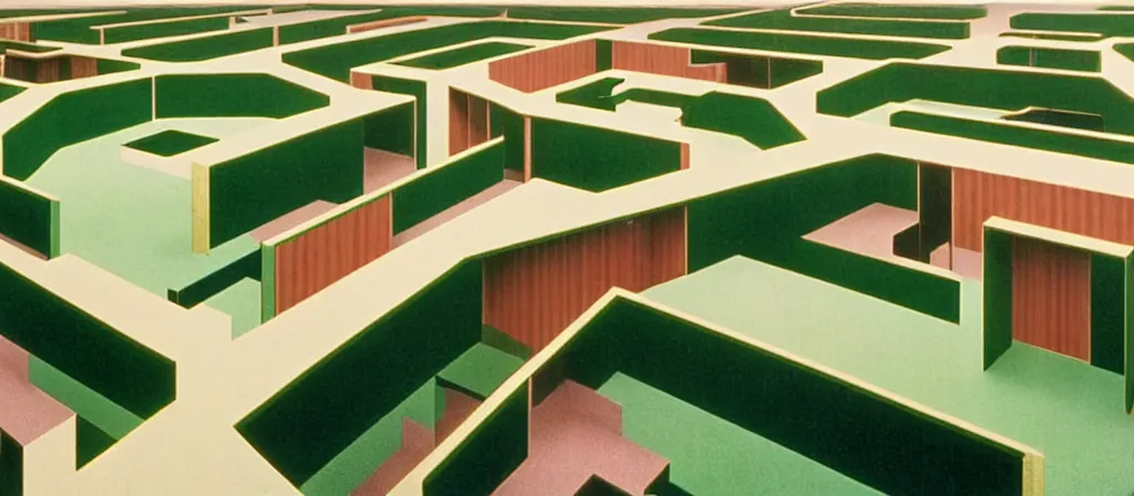Prompt: huge sprawling gargantuan angular dimension of infinite indoor landscape 7 0 s green velvet and wood with metal office furniture. surrealism, mallsoft, vaporwave. muted colours, 7 0 s office furniture catalogue, shot from above, endless, neverending epic scale by escher and ricardo bofill