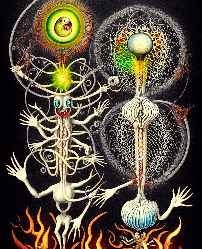 Image similar to whimsical freaky creature sings a unique canto about'as above so below'being ignited by the spirit of haeckel and robert fludd, breakthrough is iminent, glory be to the magic within, painted by ronny khalil