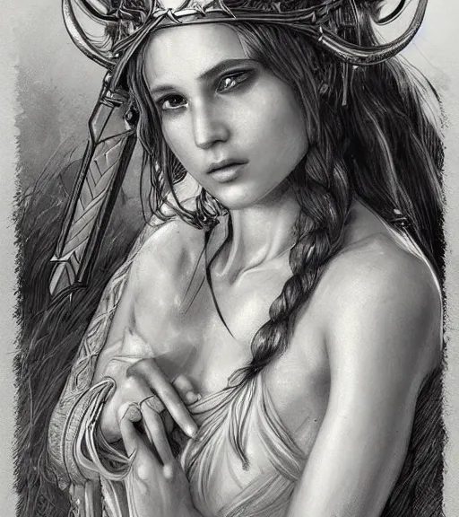 Image similar to beautiful aphrodite goddess wearing an arrow on her head, realistic face, beautiful eyes, black and white drawing, in the style of greg rutkowski, fantasy, amazing detail, epic, intricate, elegant, smooth, sharp focus