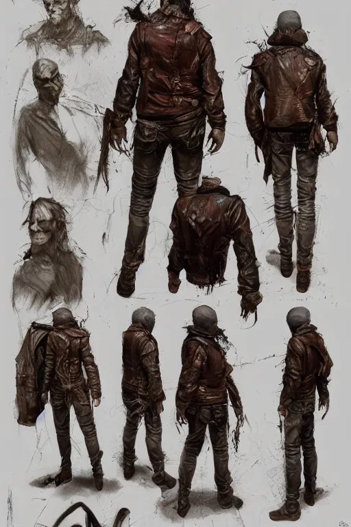 Image similar to character design, reference sheet, 4 0's adventurer, stained dirty clothing, leather bomber jacket, realistic, hyperdetailed, concept art, chiaroscuro, art frank frazetta